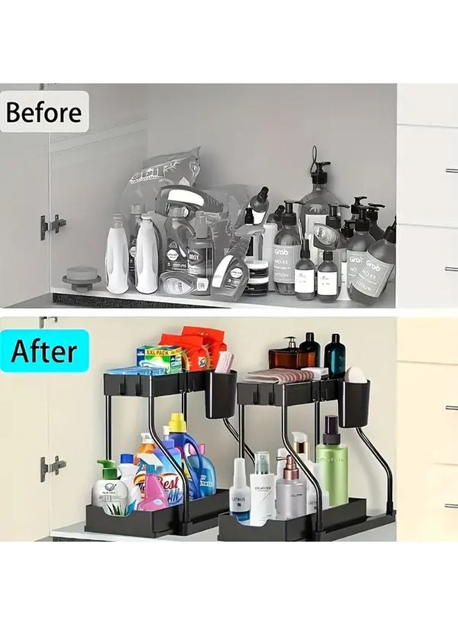 2Pcs Black 2 Tier Pull Out Storage Rack Kitchen Bathroom Organizer Multi Compartment - Image 4
